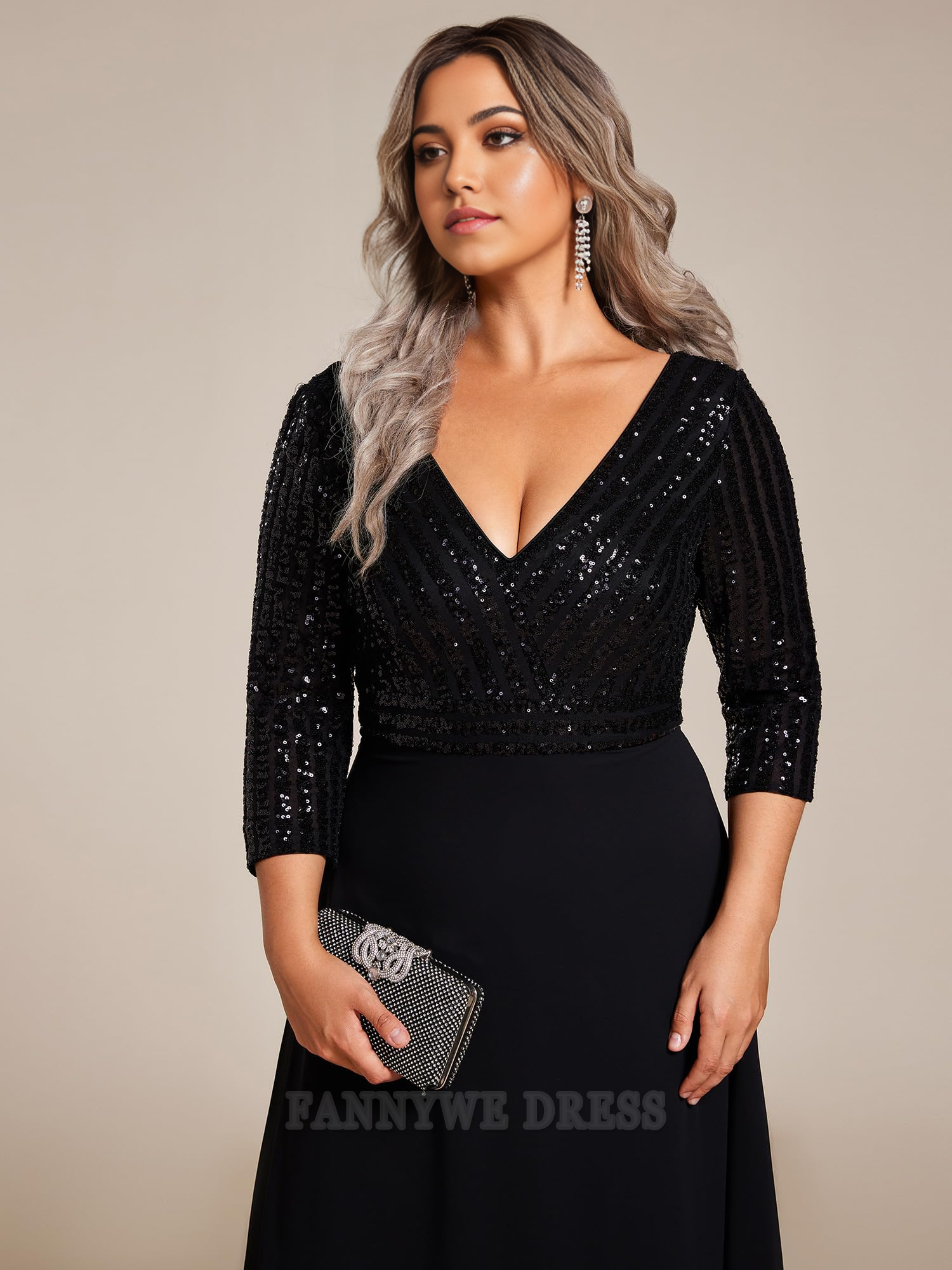 Vestidos formales de gasa con escote en V y lentejuelas brillantes de talla grande, sin mangas 3/4, para dama de honor, de noche, para fiesta de graduación